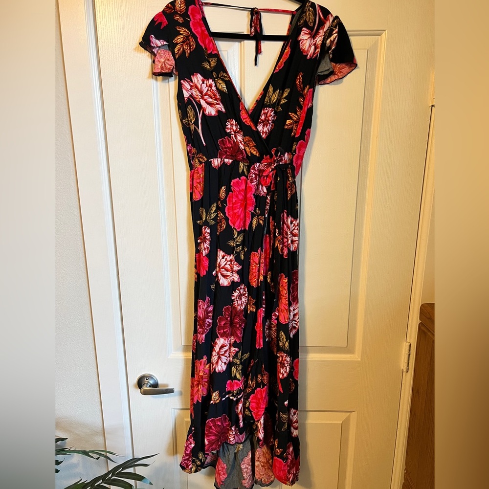 High-low, floral, v-neck, wrap, maxi dress